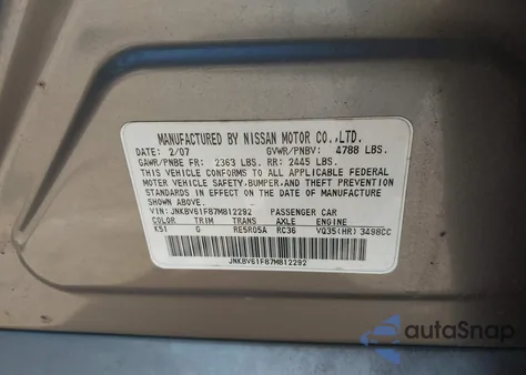 2007 Infiniti G35X z USA, uszkodzony, nr VIN JNKBV61F87M812292